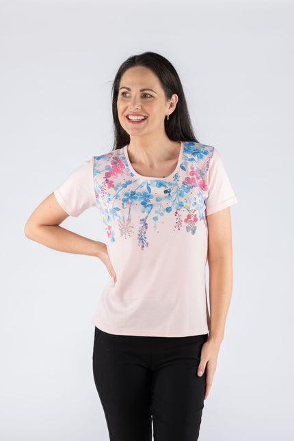 T shirt leaf print round neck short sleeve pink
