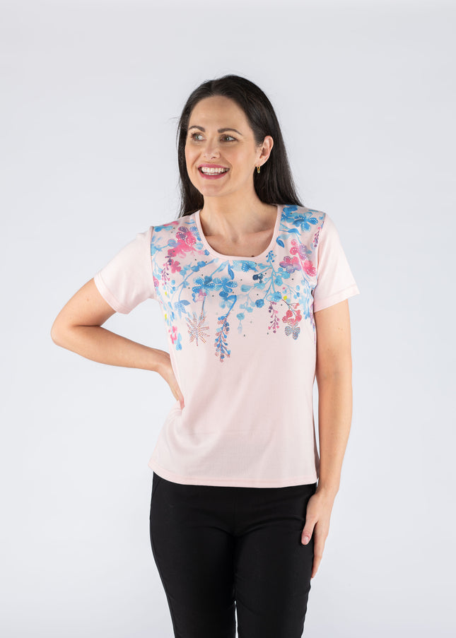 T shirt leaf print round neck short sleeve pink