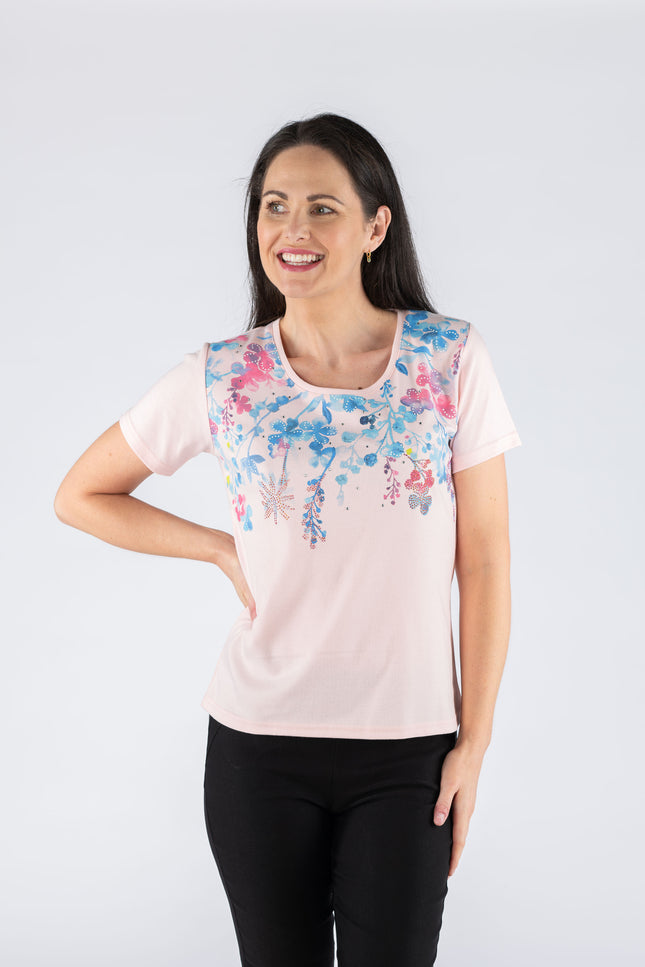 T shirt leaf print round neck short sleeve pink