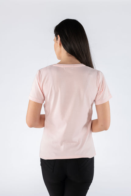 T shirt leaf print round neck short sleeve pink