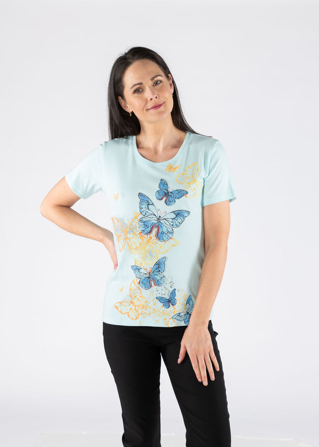 T Shirt butterfly print round neck short sleeve