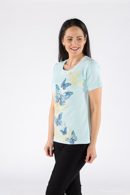 T Shirt butterfly print round neck short sleeve