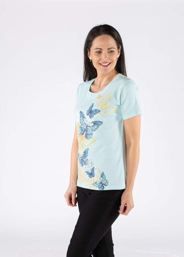 T Shirt butterfly print round neck short sleeve