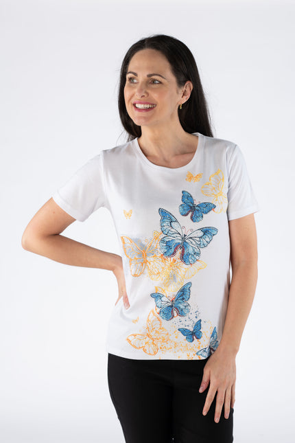 T Shirt butterfly print round neck short sleeve White