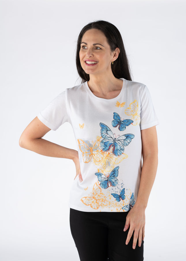 T Shirt butterfly print round neck short sleeve White