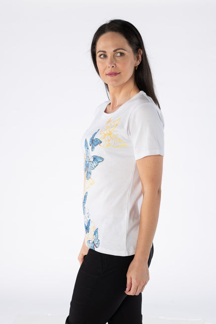 T Shirt butterfly print round neck short sleeve White