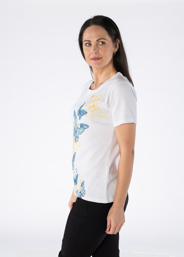 T Shirt butterfly print round neck short sleeve White