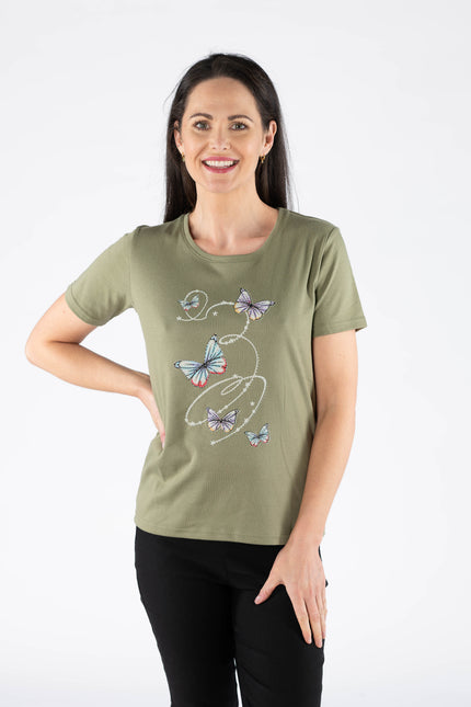 T Shirt butterfly print round neck short sleeve