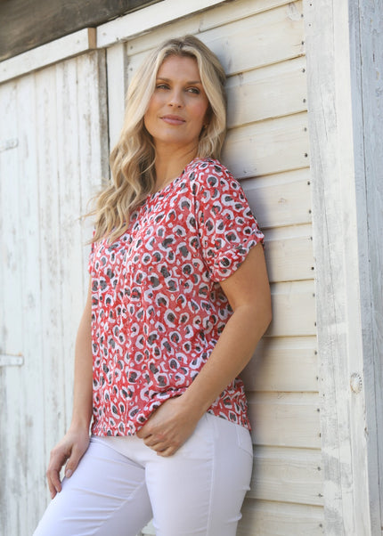 Red Animal Print T-Shirt Round Neck Short Sleeve