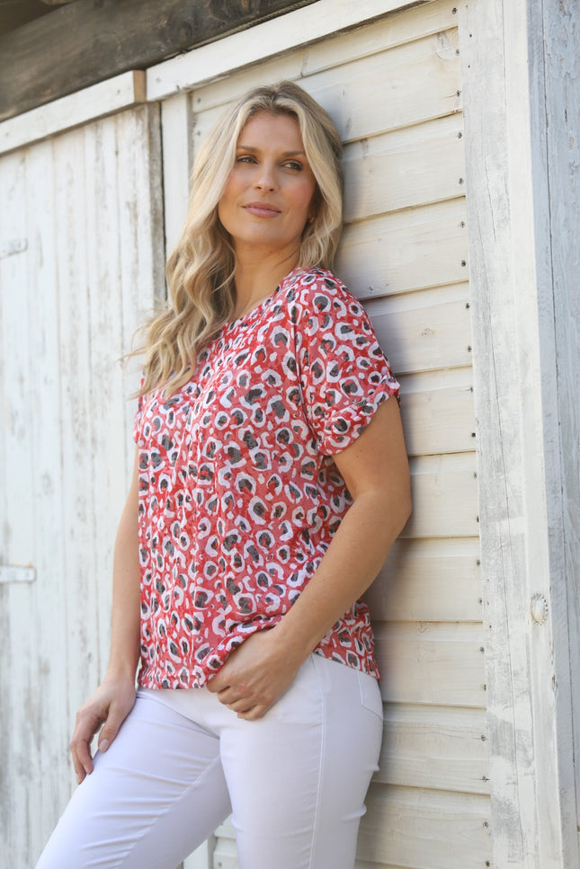 Red Animal Print T-Shirt Round Neck Short Sleeve