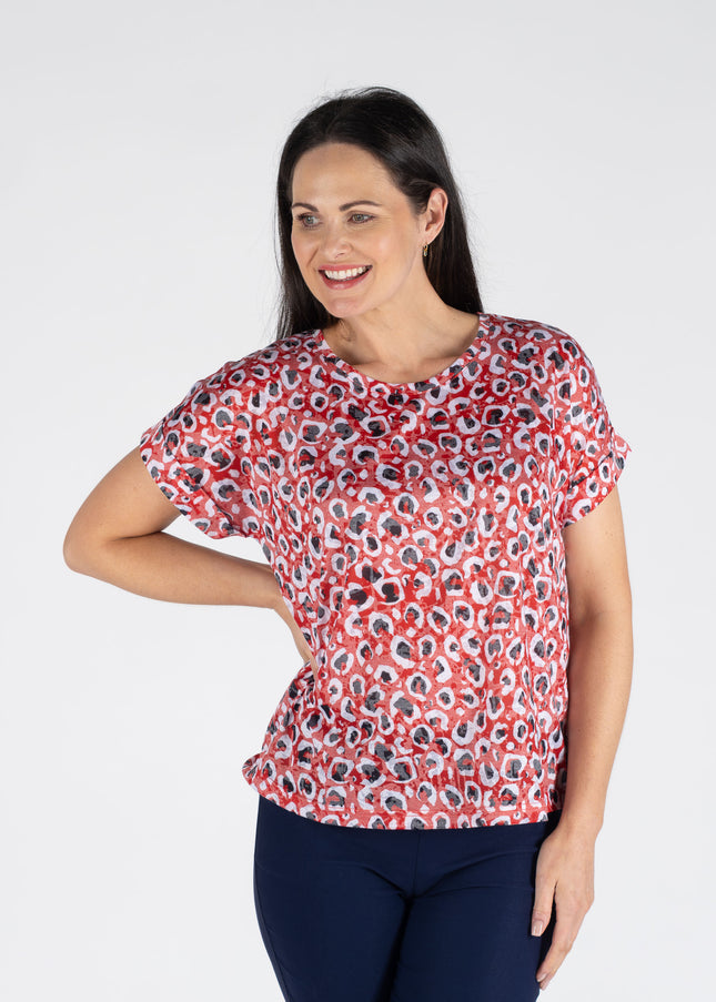 Red Animal Print T-Shirt Round Neck Short Sleeve