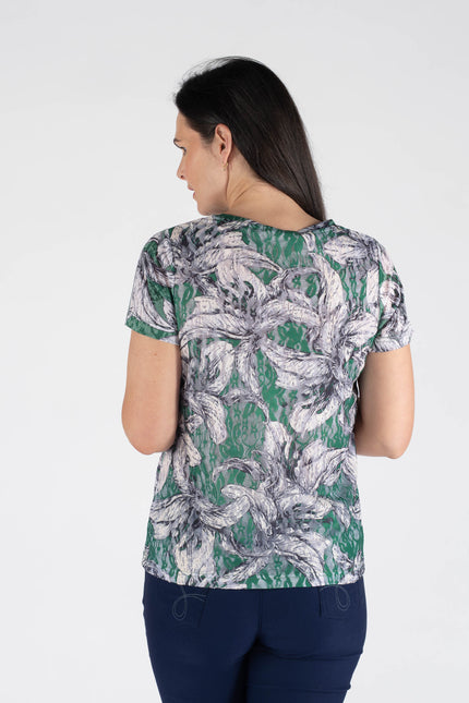 Green Flower Print T-Shirt Round Neck
