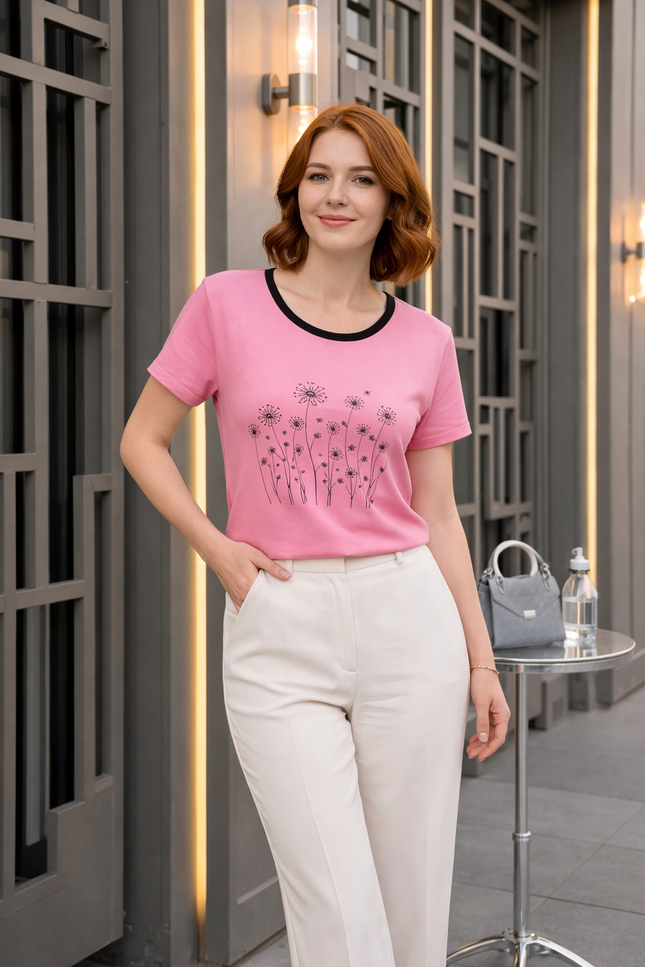 T Shirt flower print with contrast trim