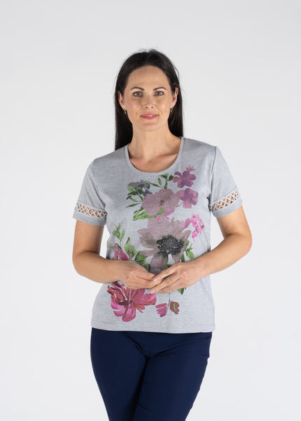 T shirt bold flower print lace detail