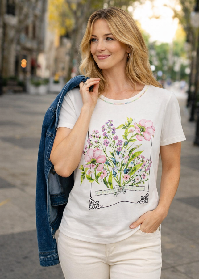 Flower Print Fancy Neckline T-Shirt Round Neck