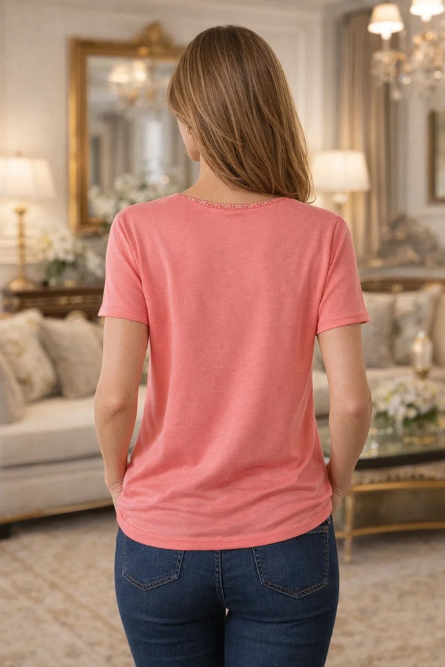 BUTTERFLY PRINT FANCYNECKLINE T-SHIRT ROUND NECK