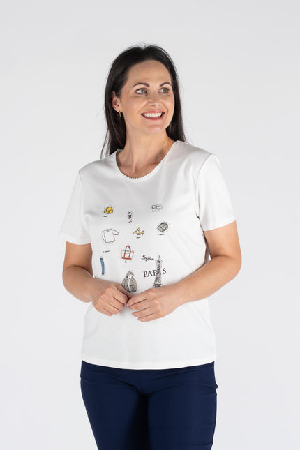 T shirt Paris icons print braided neck short sleeve