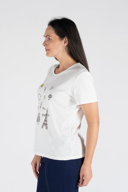 T shirt Paris icons print braided neck short sleeve