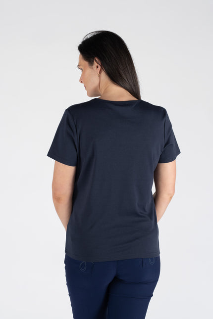 T shirt embroidered flower print braided neck