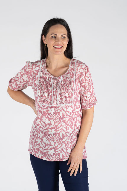 Tunic flower print round neck pleat detail