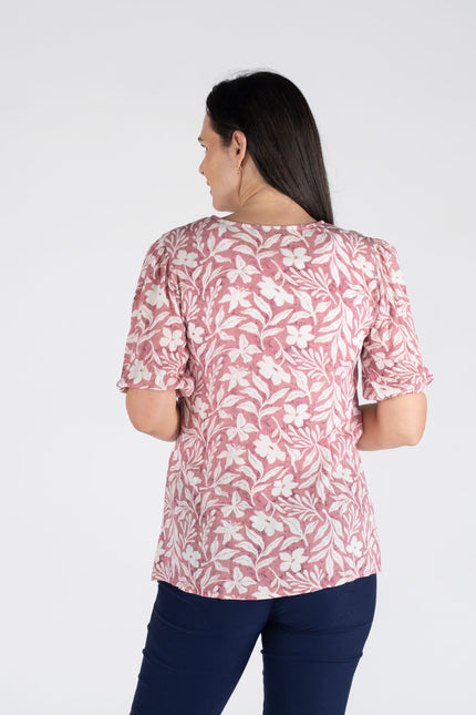 Tunic flower print round neck pleat detail