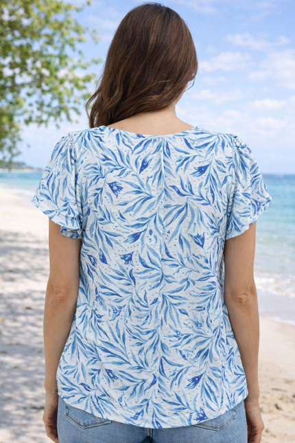 Top blue leaf print schiffly with short sleeve
