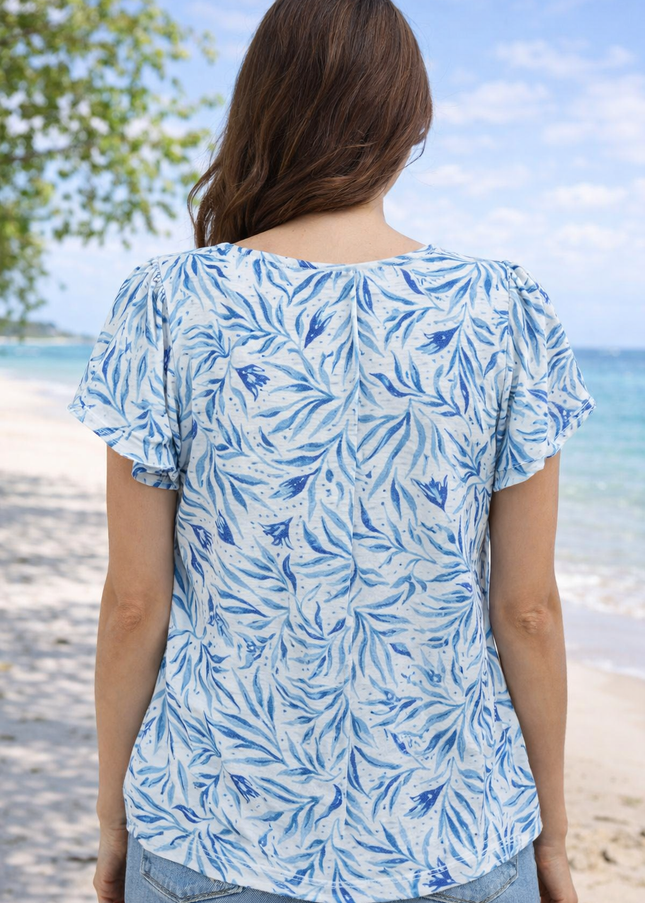 Top blue leaf print schiffly with short sleeve