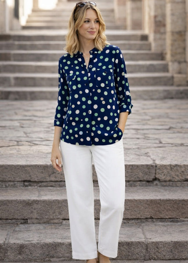 NAVY GREEN SPOT PRINT TOP WITH 3/4 SLEEVE