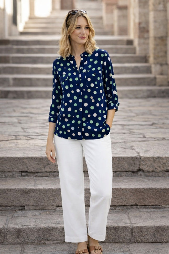 NAVY GREEN SPOT PRINT TOP WITH 3/4 SLEEVE