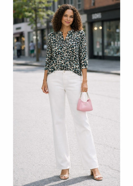 Top multi print 1/2 button placket with 3/4 sleeve