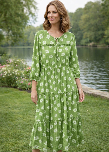Dress flower print tiered with frill 3/4 sleeve