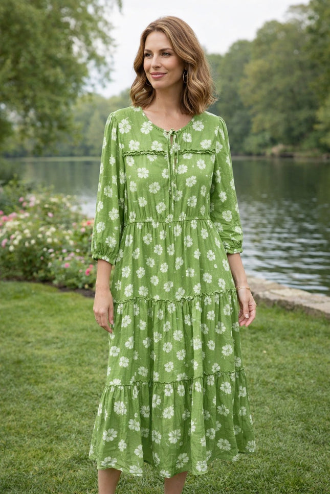 Dress flower print tiered with frill 3/4 sleeve