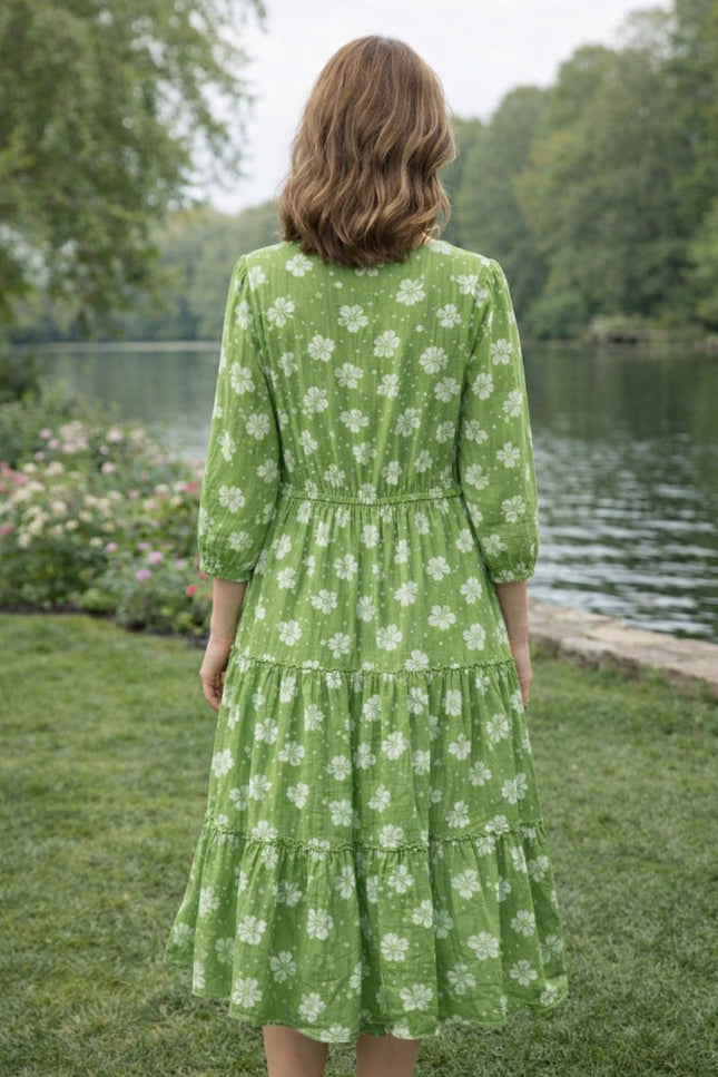 Dress flower print tiered with frill 3/4 sleeve