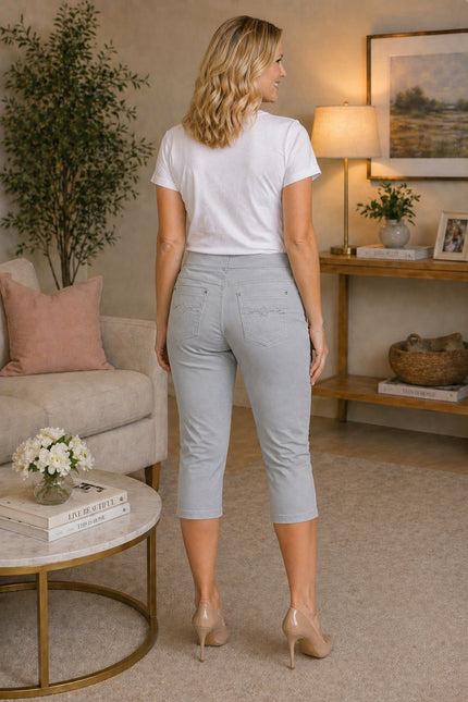 Trouser crop 22 inch embraided pocket hem Silver