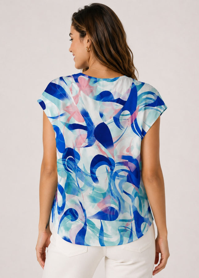Top V- neck swirl print button short sleeve.