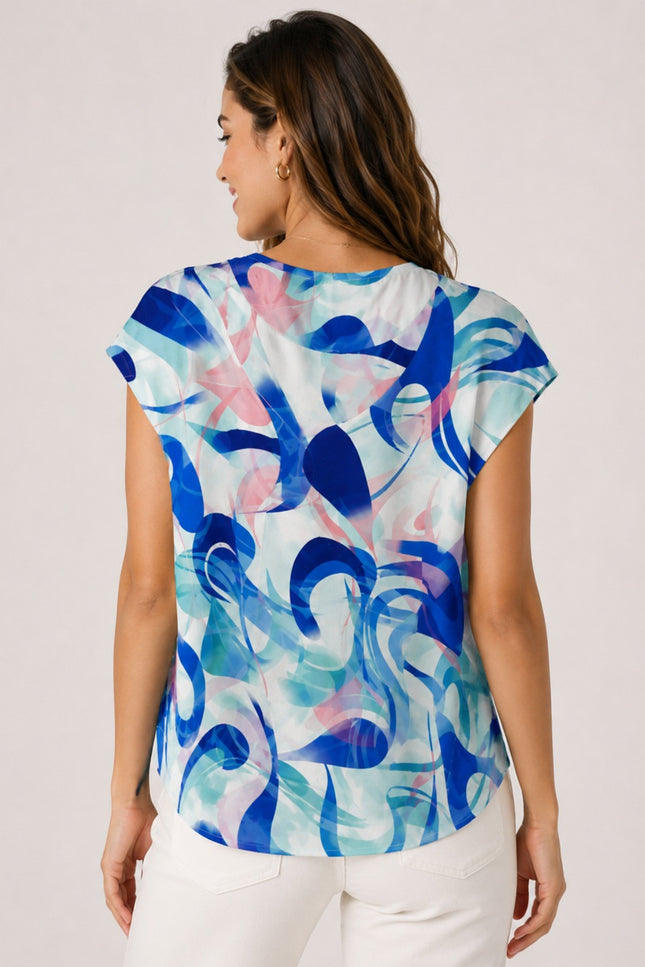 Top V- neck swirl print button short sleeve.