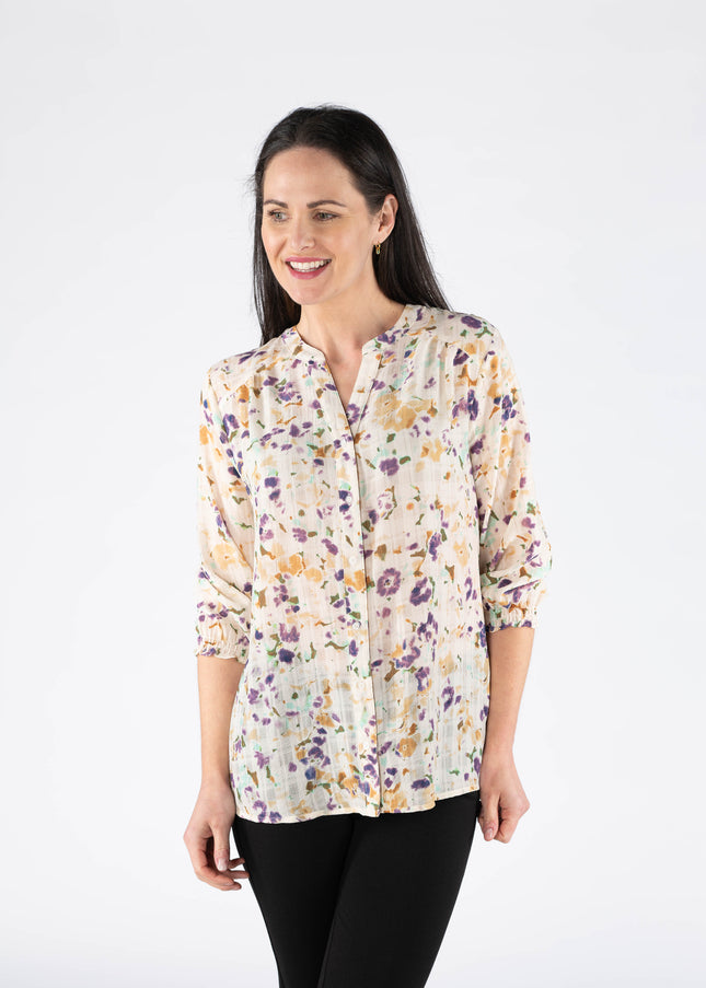 Blouse ivory multi with elasticated cuff