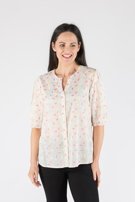 MULTI SPOT BLOUSE ROUND NECK WITH MID SLEEVE