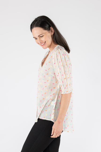 MULTI SPOT BLOUSE ROUND NECK WITH MID SLEEVE