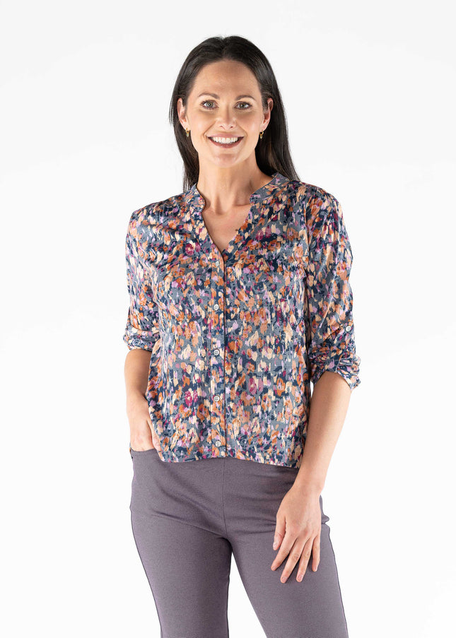 Blouse abstract print burnout 3/4 sleeve