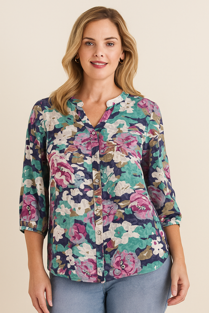 FLORAL PRINT BURNOUT BLOUSE 3/4 SLEEVE