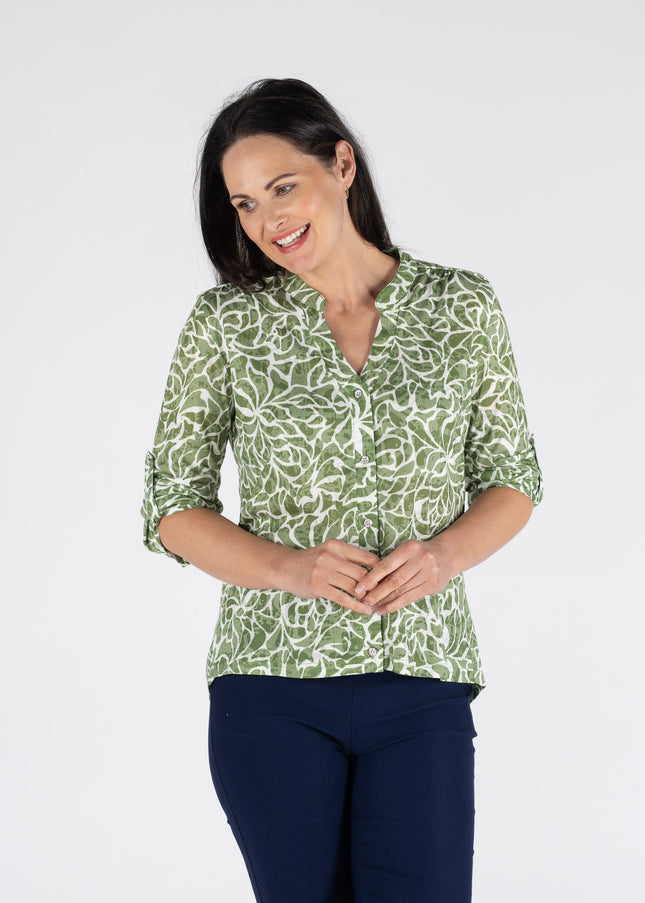 Blouse swirl leaf print burnout 3/4 sleeve