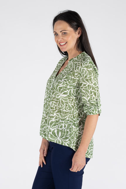 SWIRL LEAF PRINT BURNOUT BLOUSE 3/4 SLEEVE