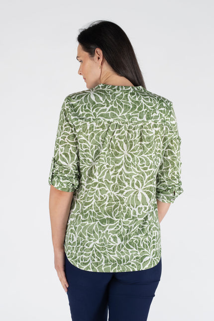 SWIRL LEAF PRINT BURNOUT BLOUSE 3/4 SLEEVE