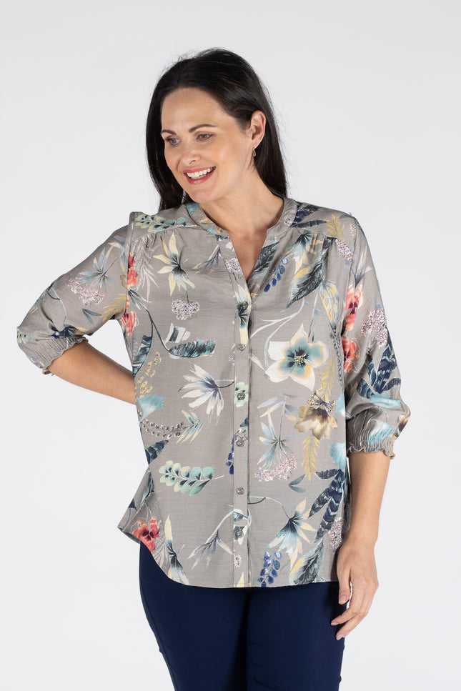 FLOWER PRINT BLOUSE 3/4 SLEEVE ELAC CUFF