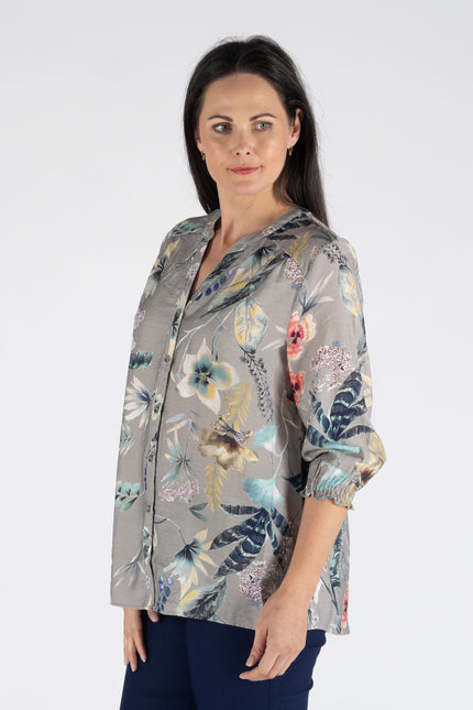 FLOWER PRINT BLOUSE 3/4 SLEEVE ELAC CUFF