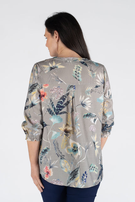 FLOWER PRINT BLOUSE 3/4 SLEEVE ELAC CUFF