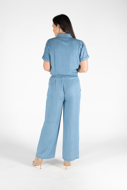 BLUE LYOCELL DENIM TROUSER ELASTIC WAIST - MID BLUE