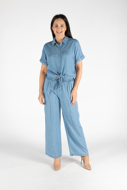 BLUE LYOCELL DENIM BLOUSE TIE FRONT SHRT - MID BLUE