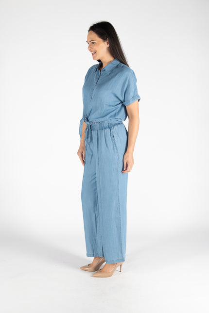 BLUE LYOCELL DENIM BLOUSE TIE FRONT SHRT - MID BLUE